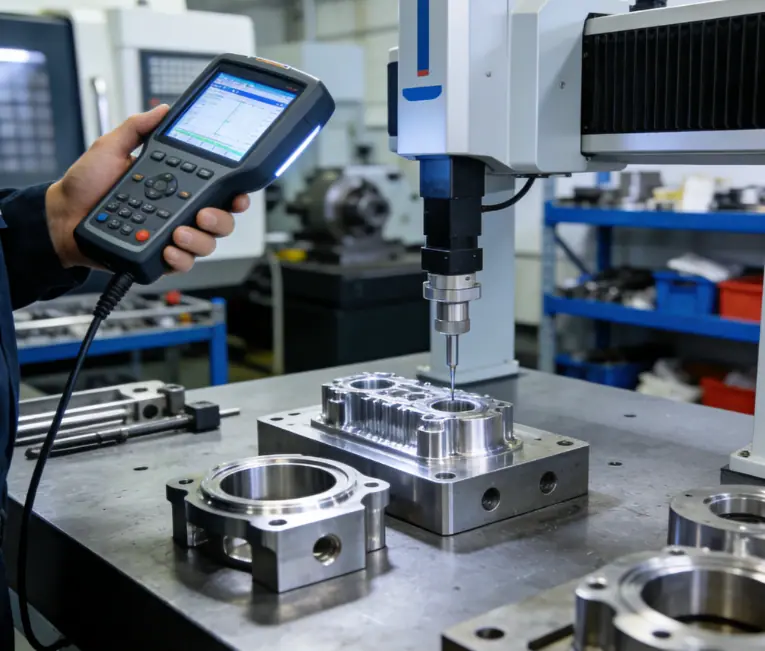 Workers use high precision equipment to inspect CNC machined parts